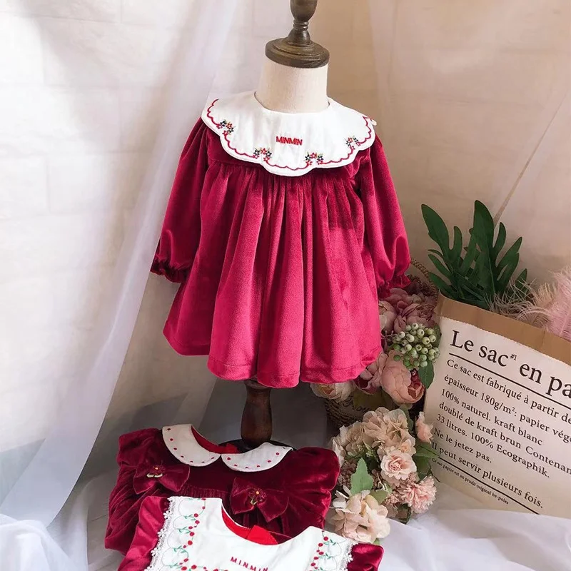 kids velvet dress winter long sleeve red christmas lace embroidery girls dresses spanish children's clothes boutiques wholesale