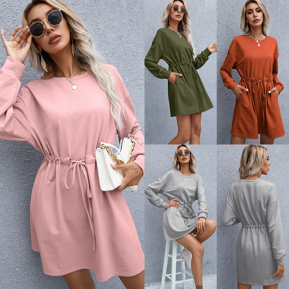 

2022 Winter And Fall Women's Dress Long Sleeve Elastic Waist Ladies Casual Sweatshirt Dress, Gray/pink/orange/army green