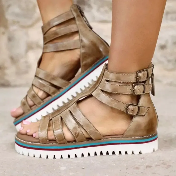 

Rome style buckle detail back zipper women shoes platform strappy lady footwear peep toe caged sandals female for summer