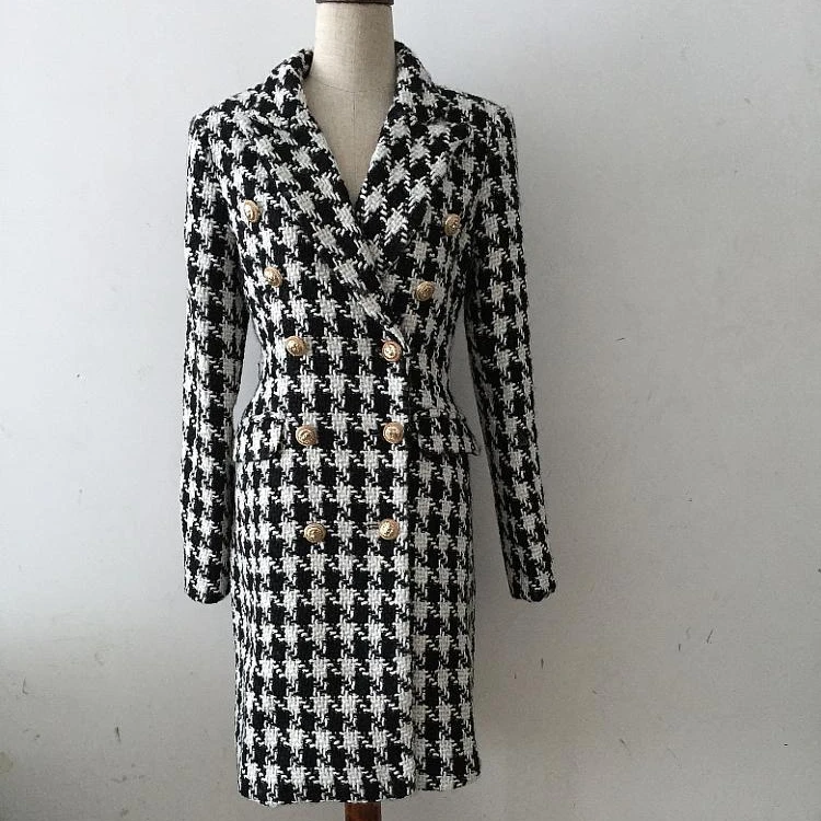 

YHWT09 Newest 2020 Fall Winter Women's Hounds tooth Fringed Tweed long Coat