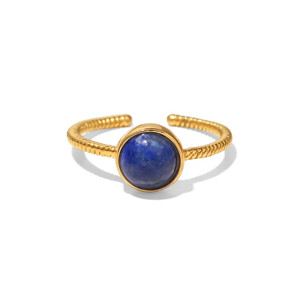 

18k Gold Plated Stainless Steel Round Lazurite Dainty Twisted Design Adjustable Rings For Women