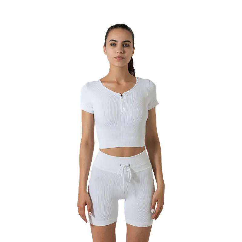 

women's gym seamless compression crop top and ribbed biker yoga shorts set