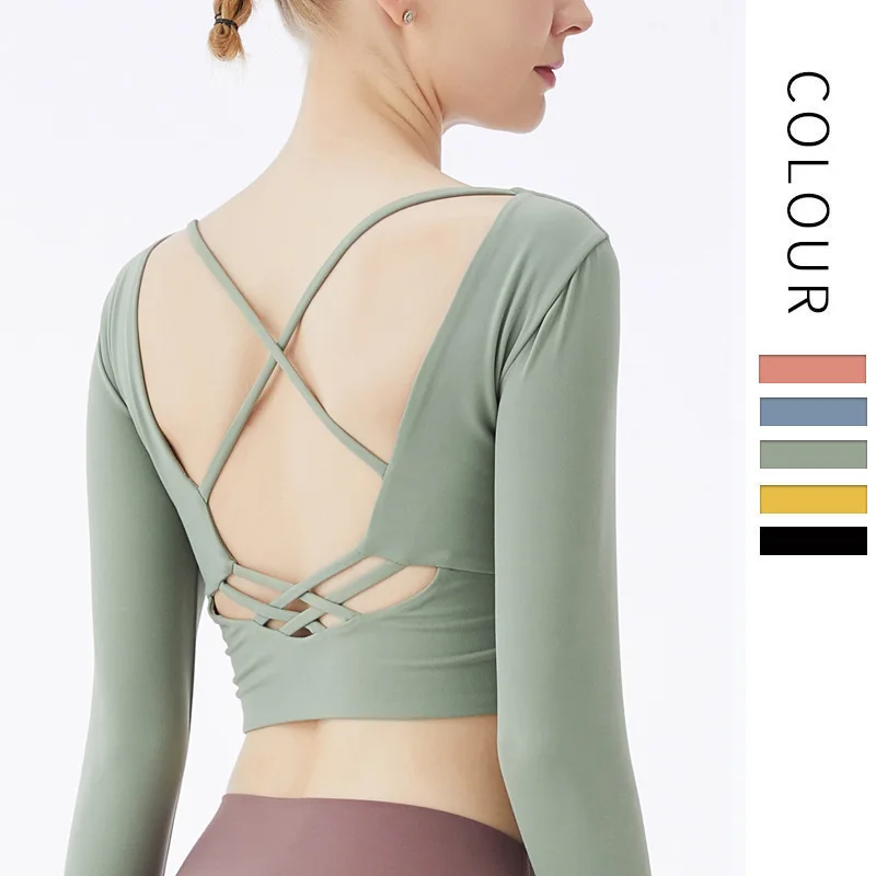 

2021 Yoga Top Woman Cross Sexy Quick Dry Solid Color Long-Sleeve High Elastic Breathable T-Shirt Tight Seamless Sportswear