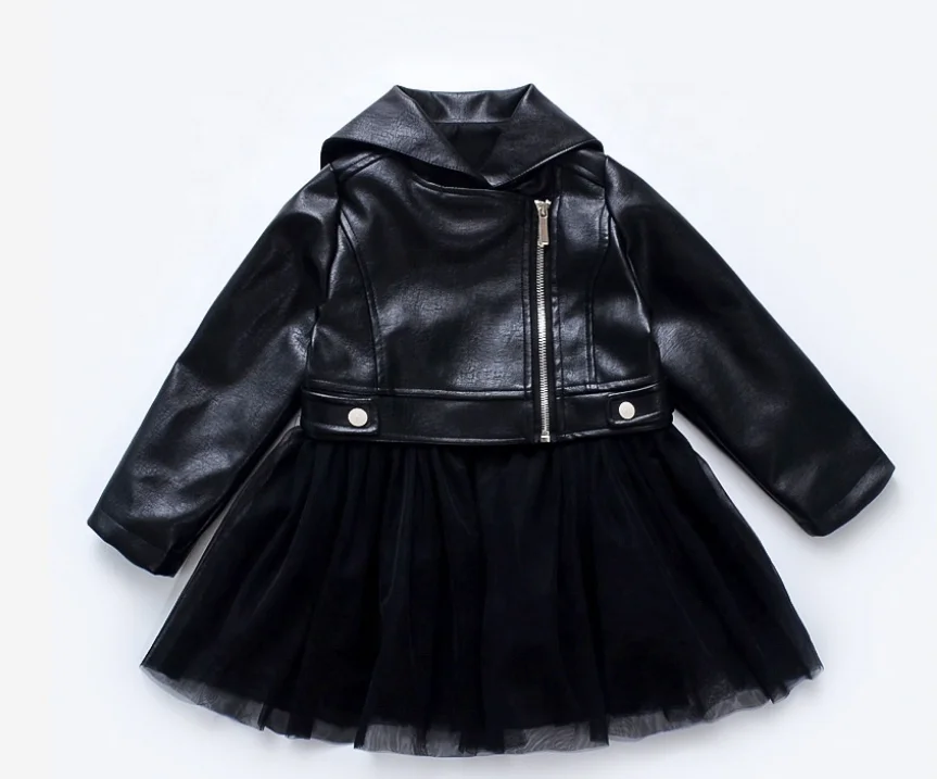 

KYO Autumn Girls PU Jacket Baby Tutu Coat Toddler Streetwear Faux Leather Mesh Coat, As picture