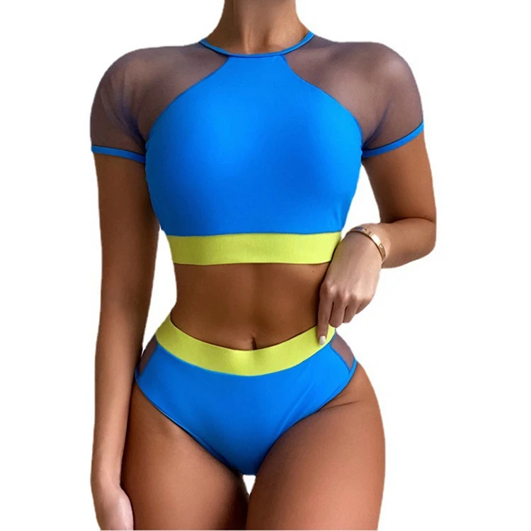 

Mesh Patchwork Bikini High Waist Swimsuit Women Neon Bathing Suit Brazilian Bikini Sport Swimming Suit