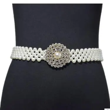 2019 New Luxury Ladies Rhinestone Crystal White Simulated Pearl Belt Female Womens Wide Elastic Stretch Belts for Women Dress
