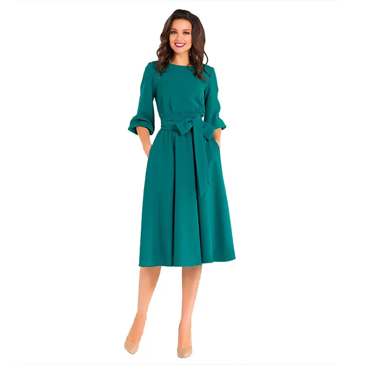 

2020 Hot Sale Solid Color Round Neck Elegant A-line Long Sleeve Dress, Customized color