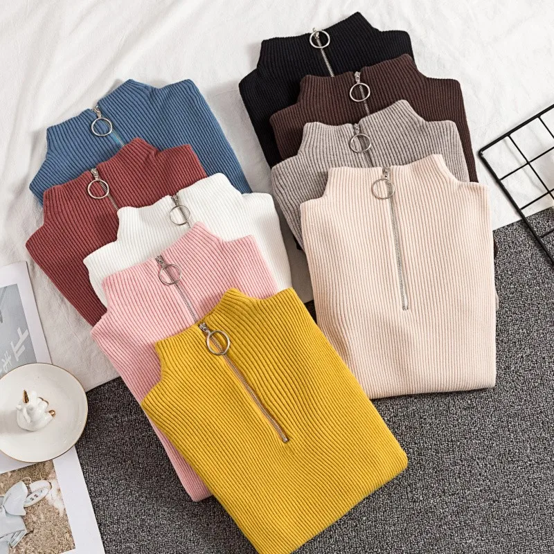 Women's Turtleneck Pullover Knitted Jumper High Neck Half Zipper Sweater