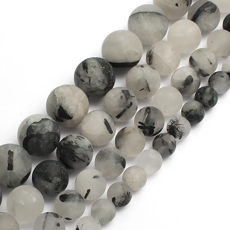 

Natural Dull Polish Matte Black Rutilated Quartz Round Stone Beads For Jewelry Making Bracelet