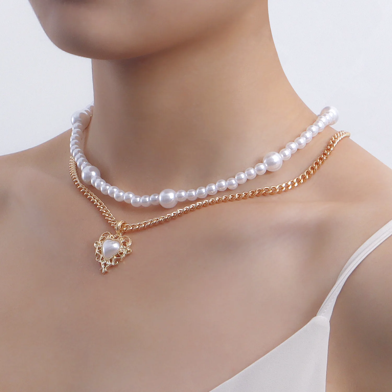 

Korean Pearl Necklace Female Personality Design Layered Heart Beaded Necklace Jewelry