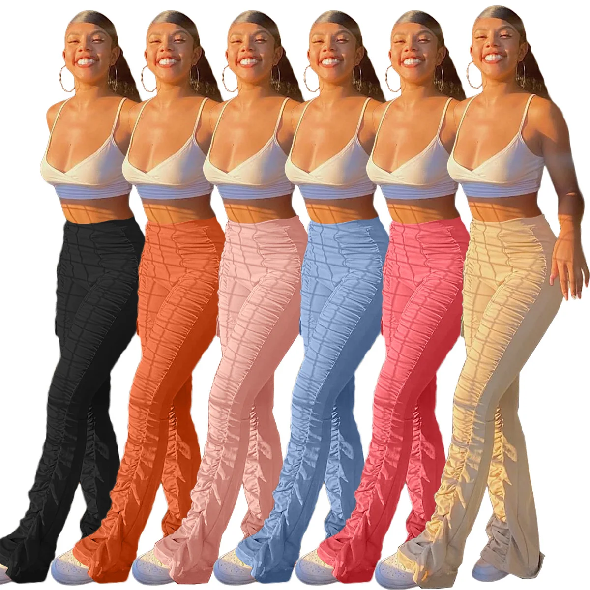 

H7739 - Autumn trendy fashion solid color pleated bandage ladies pants