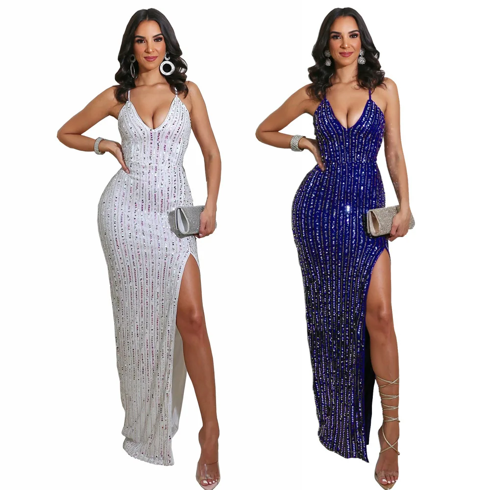 

New style white/blue sequin dress oversized banquet lace prom dress Halter strap slit skirt party evening dresses with sequined