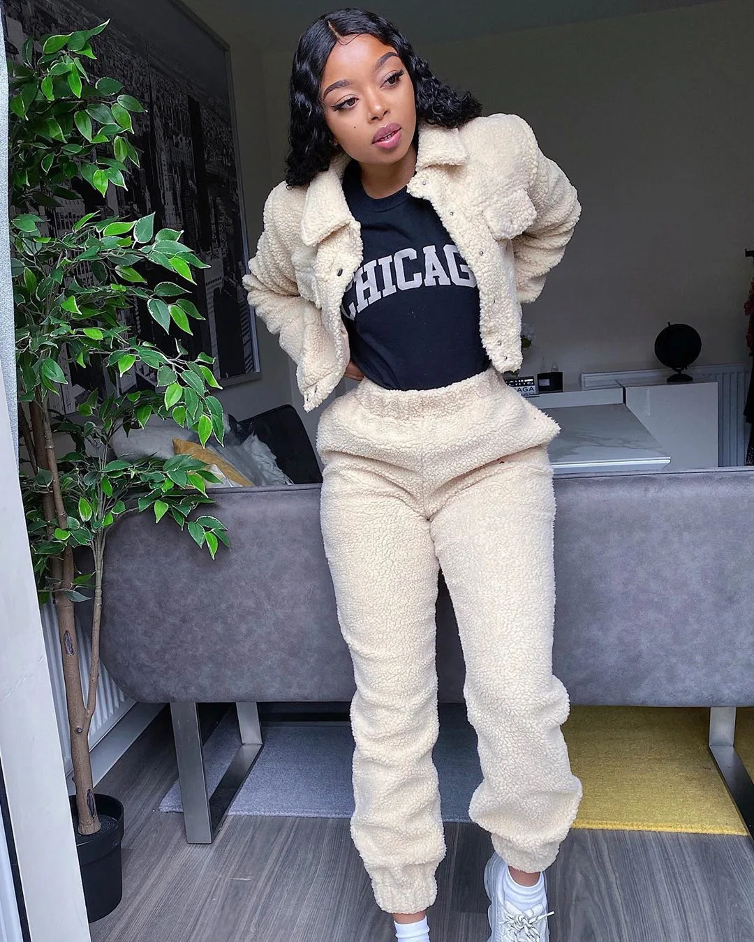 

Fashion Winter Women Casual Warm Thick Jacket And High Waist Pants Set Fleece Outfit