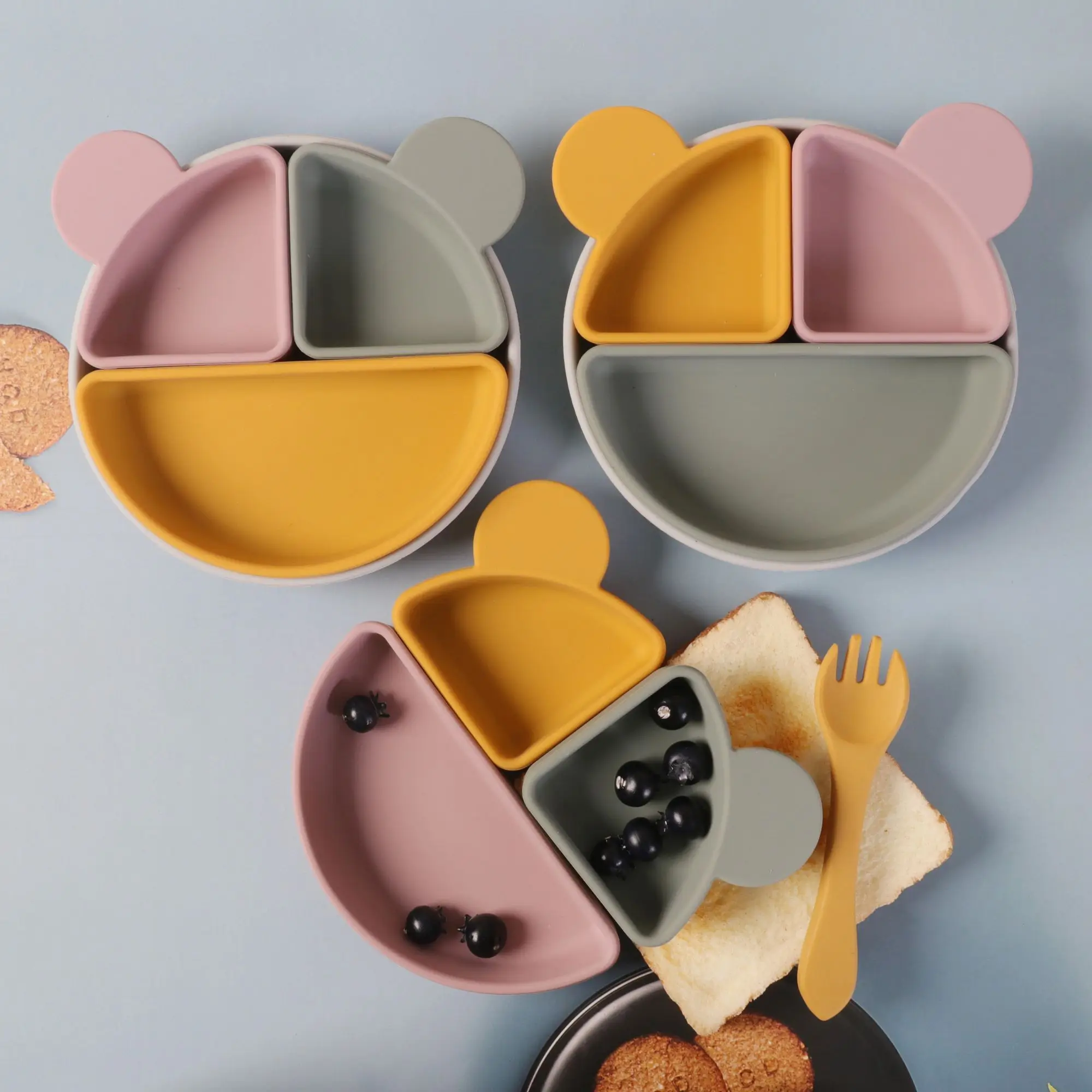 

Bpa Free Rubber Silicone Children Baby Snack Feeding Suction Plate Bear Shaped divided Plate, Natural