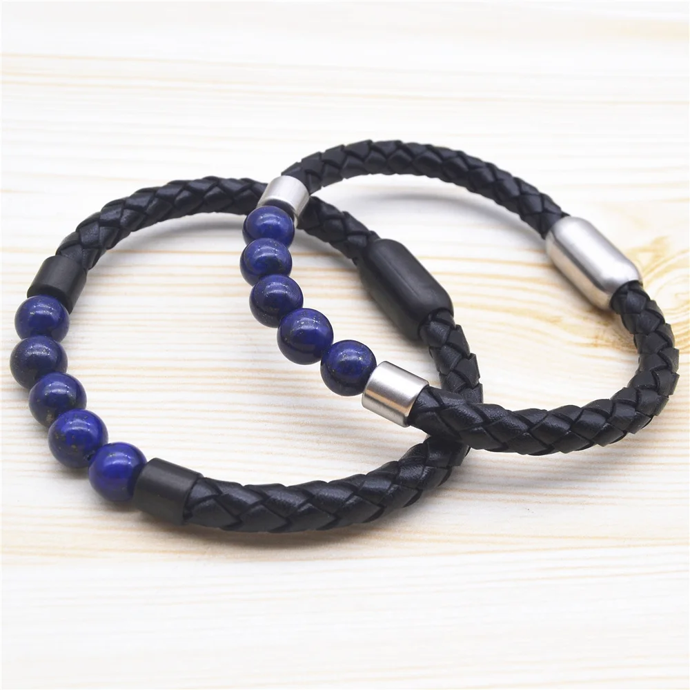 

Drop Shipping Factory Wholesale High Quality Nature Lapis Lazuli Stone Men Genuine Leather Bracelet, Black leather,black, silver clasp,customized color