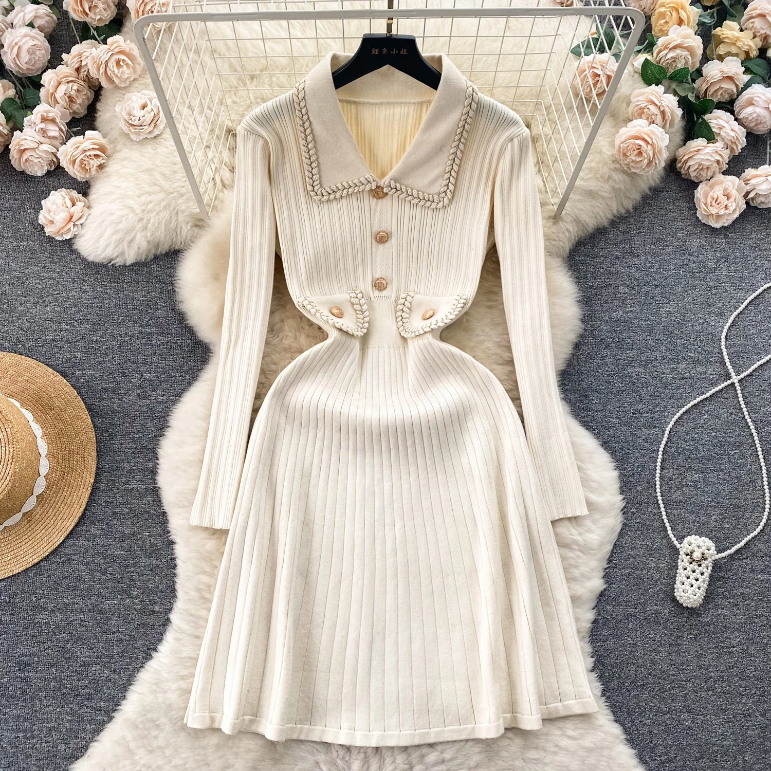 

Women's New Fall Winter High-Grade Chic Waist Slimming Lapel Sweater knitted Dress