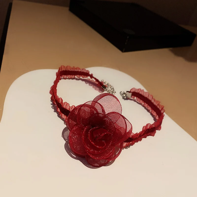 

fashion trendy red flower necklace choker fabric for women