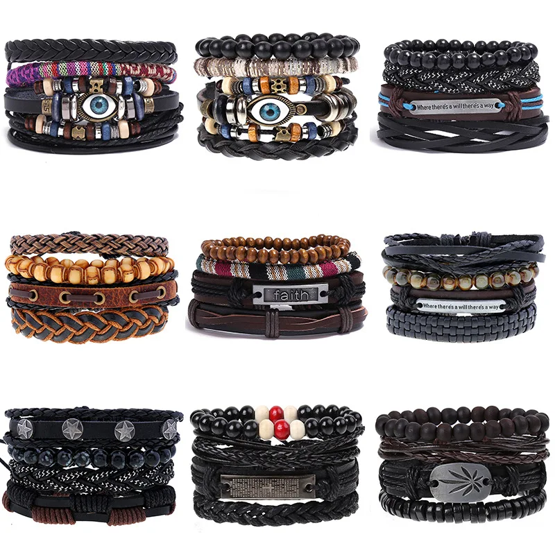 

Vintage Evil Eye Faith Braided Leather Bracelet Handmade Beaded Adjustable Bracelets For Men Women