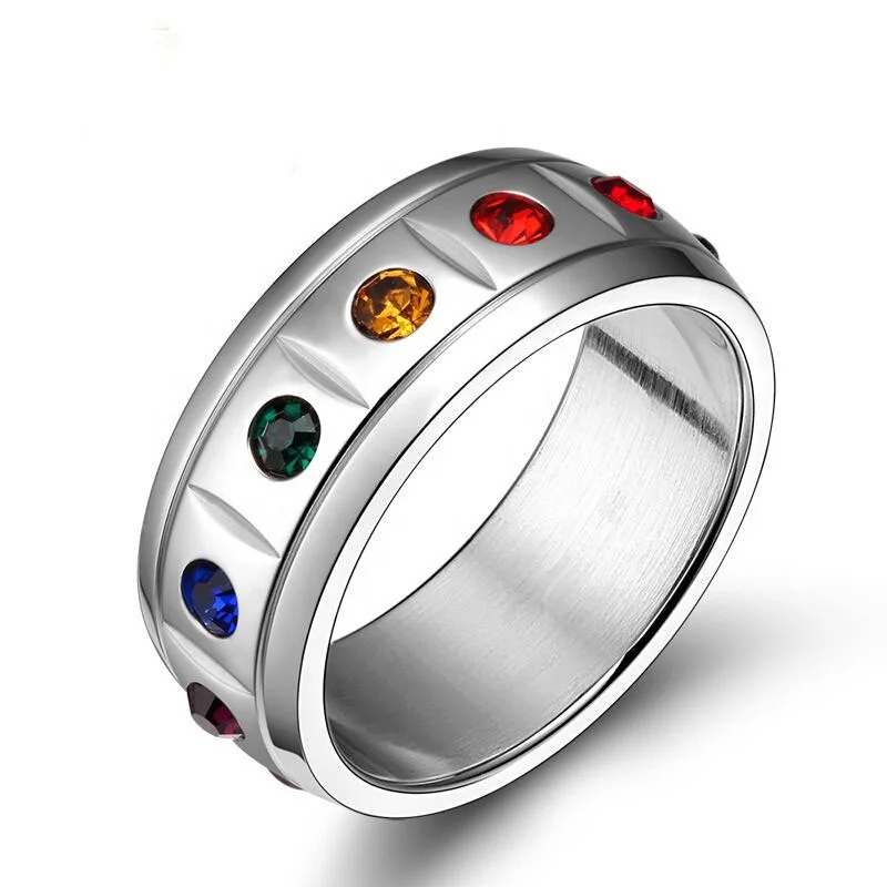 

Factory Direct Sale Hot Selling Fashion Simple Jewelry Rainbow Ring 316L Stainless Steel Minimalist Crystal Band Rings, Sliver