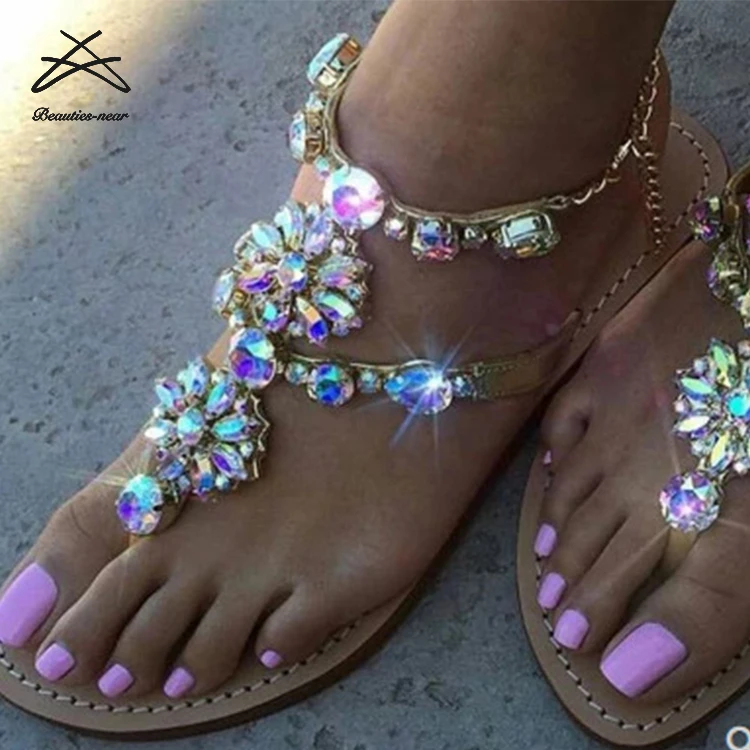 

Ladies fashion sexy women beach summer diamond bling chain toe thong bohemian women sandal shoes, Gold