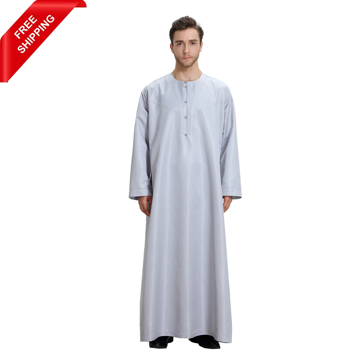 

FREE SHIPPING Dubai Round Neck Highly Elastic Breathable Long Sleeve Muslim Dress Islamic Clothing Robe Men Thobe For Adults, White, gray