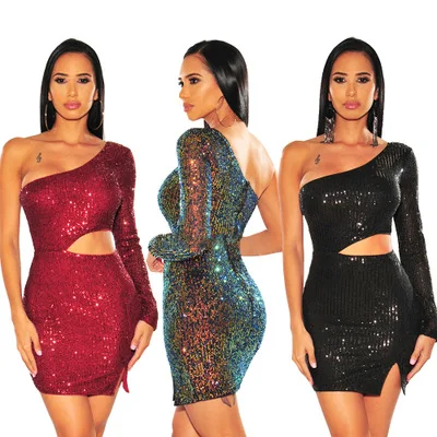 

Sequin Backless One Shoulder Dress Sexy Bodycon Hollow Out Club Dresses Women Mini Dress