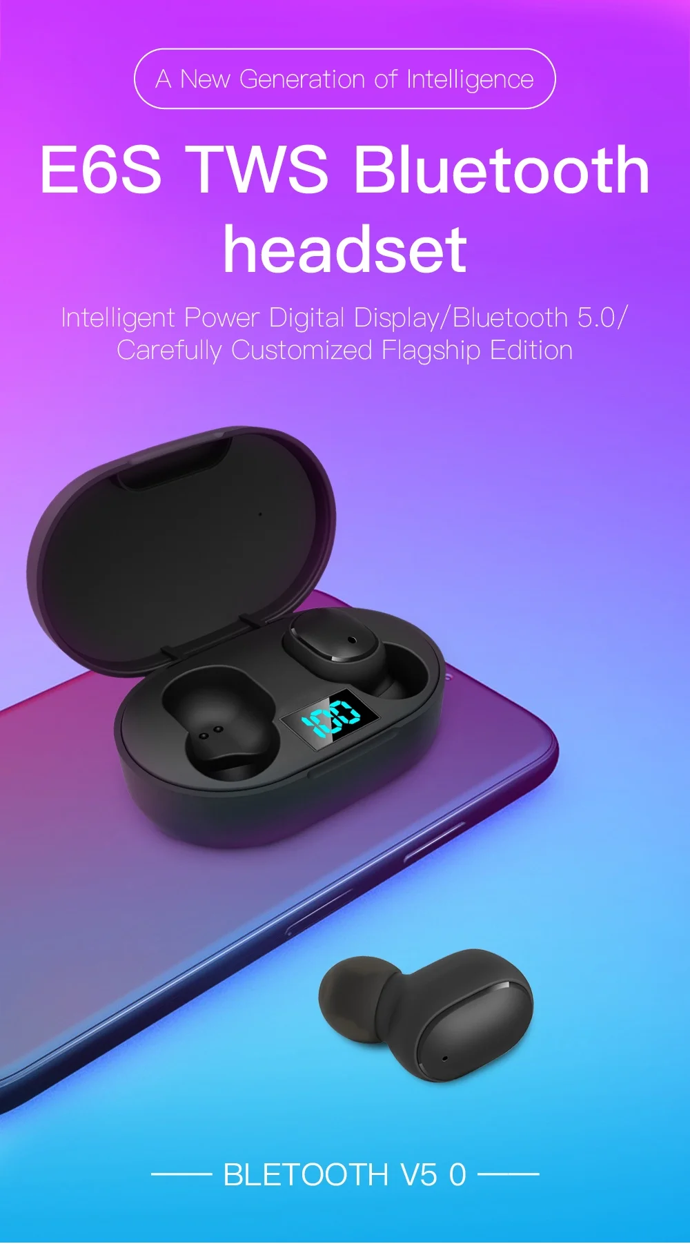 2020 new inventions LCD Display bluetooth 5.0 tws earphone E6S wireless waterproof earbuds for smart phone