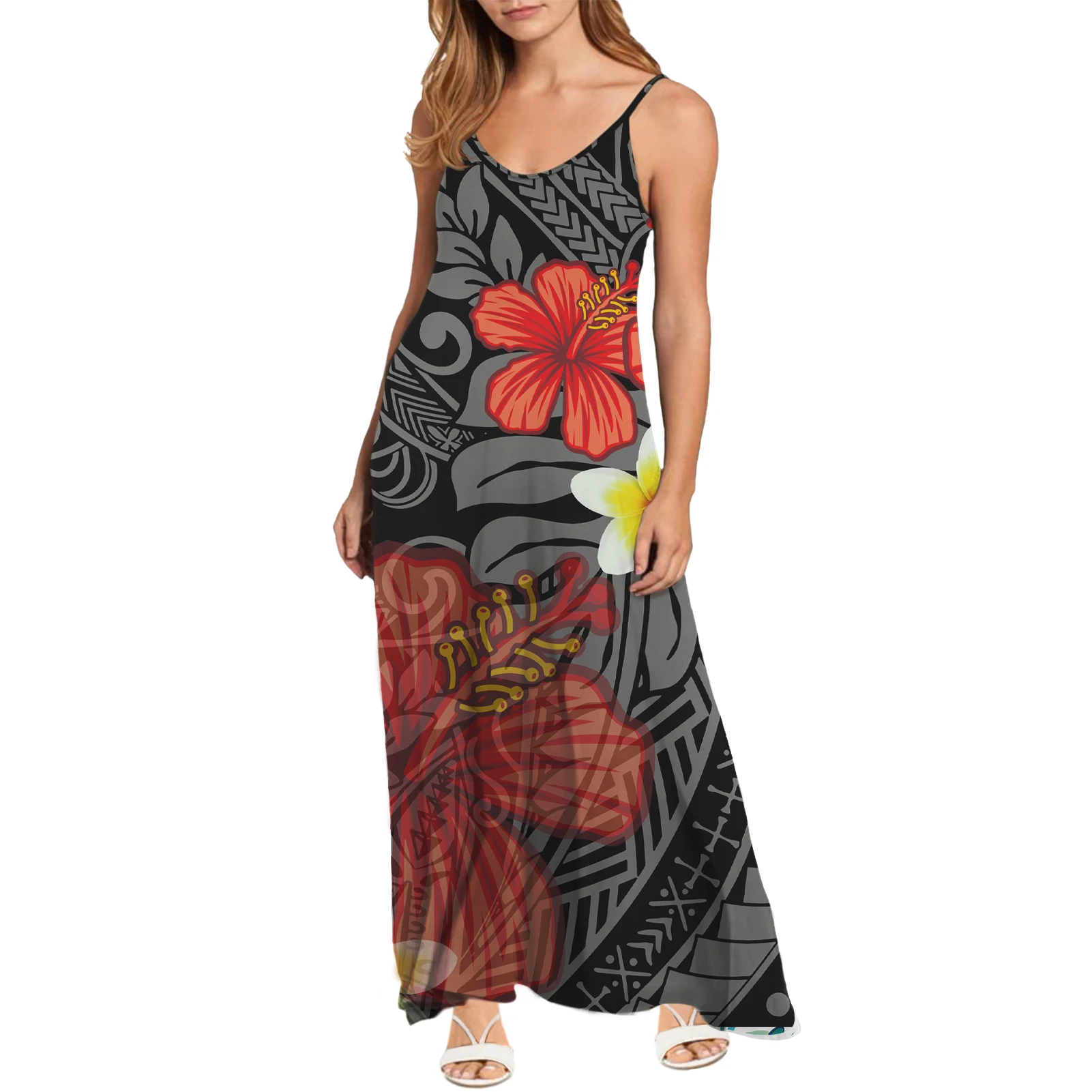 

Custom Hibiscus print Women Off Shoulder Sling Dress Polynesian Tribal Design V-neck Women Elegant Sleeveless Long Dresses, Customized