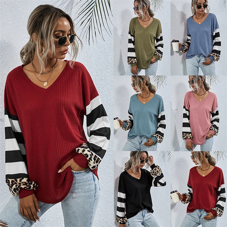 

D95610 Fashionable V neck long sleeve knitting t-shirt for womens stripe print streetweartops 2020 new arrivals