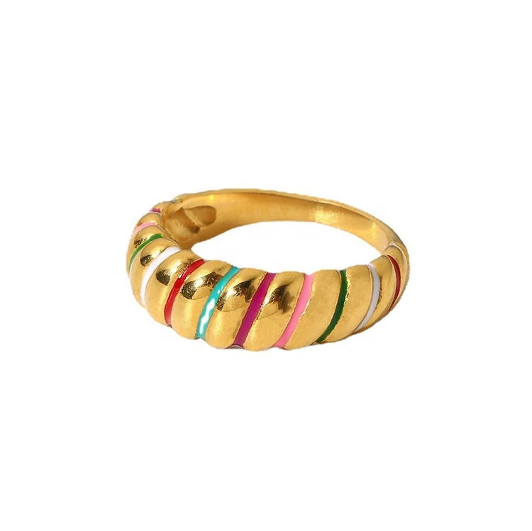 

Trendy Tarnish Free Personalized Stainless Steel Rings Waterproof Colorful Enamel Croissant Rings Jewelry Women, Gold, rose gold, steel, black etc.