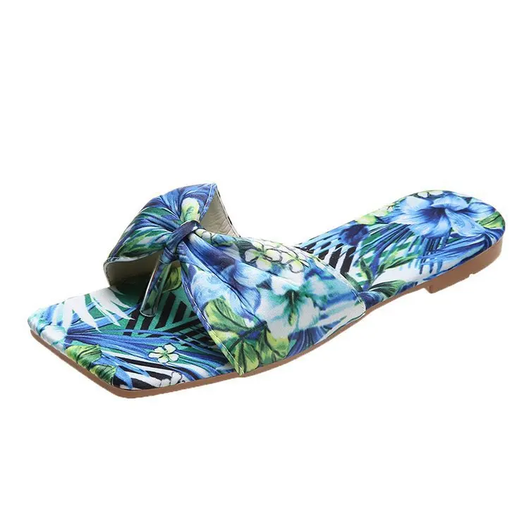 

2021 Europe and the United States large size summer new bow knot foreign trade flat bottom square slippers female wholesale, Picture