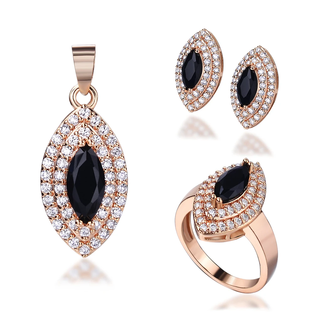 

50% Discount High Quality Hot-selling Brass Leaf Teardrop Shape Black Zircon Set