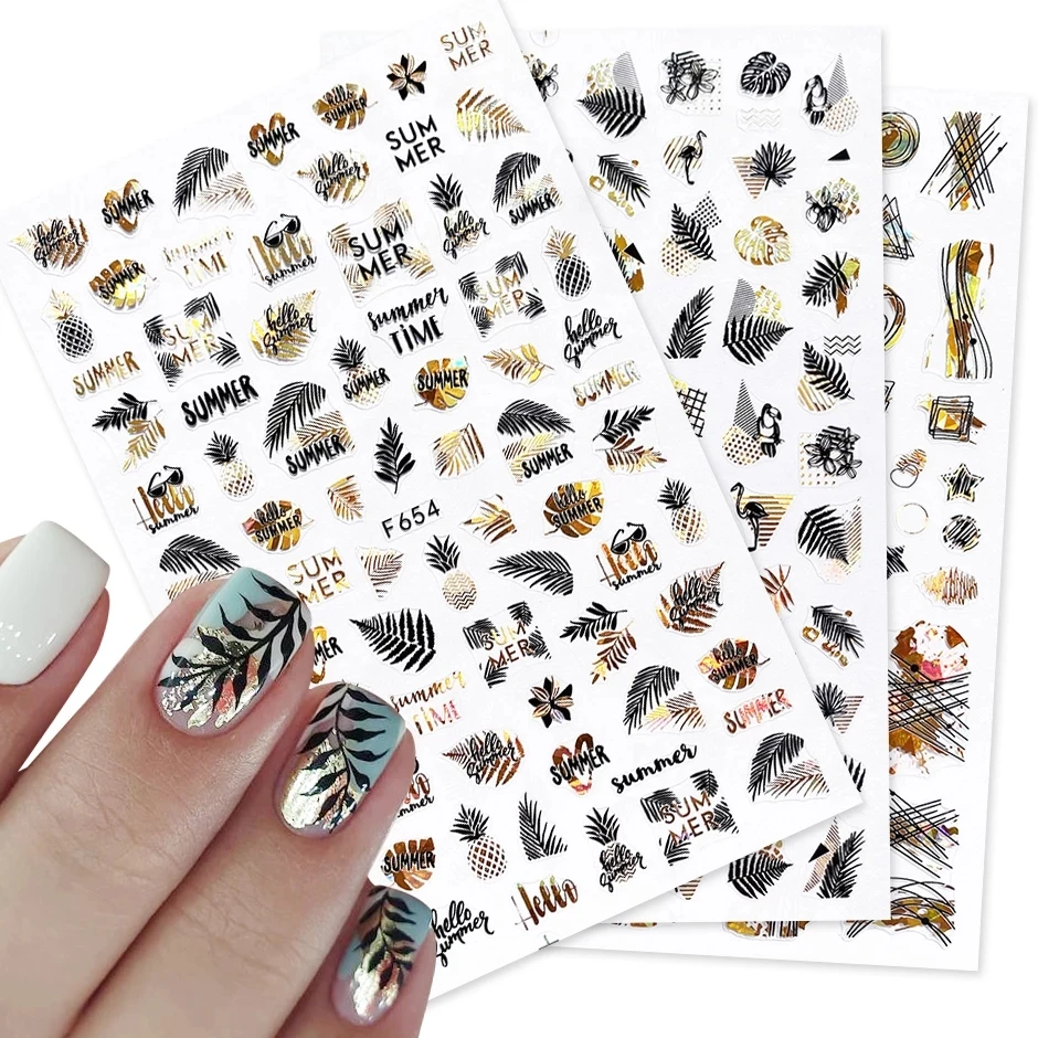 

2021 new summer designs 3D Stickers For Nails Black Laser Gold Flower autumn leaves weed Decorations nail decal stickers, There are 8 models in total, and each model has 4 different colors.
