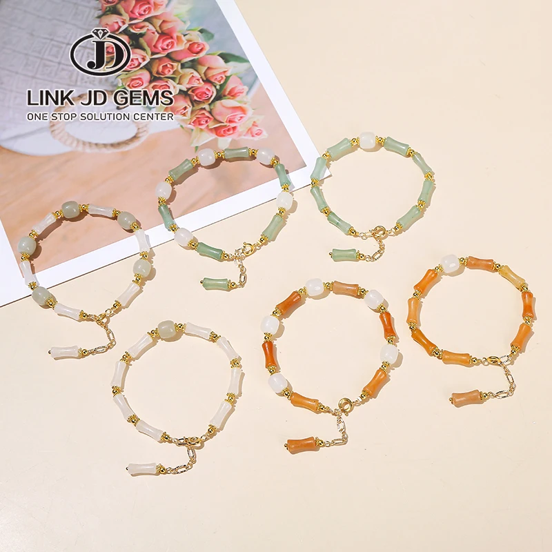 

JD Semi-Precious Jade Stone Beads Alloy Chain Bracelet Natural Southern Jade Bamboo Joint Shape Light Green Jade Bracelet