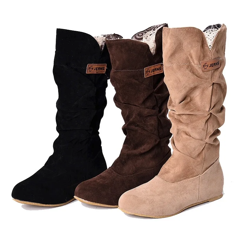 

Fur Knee High Fashion Flock Plush Padded Winter Snow Casual Flat Heels Lace Warm Black Brown Women Long Boots, Black khaki coffee