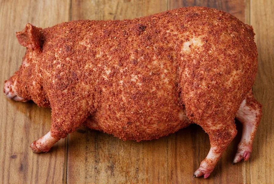 Pig roasting over open flame with smoke rising