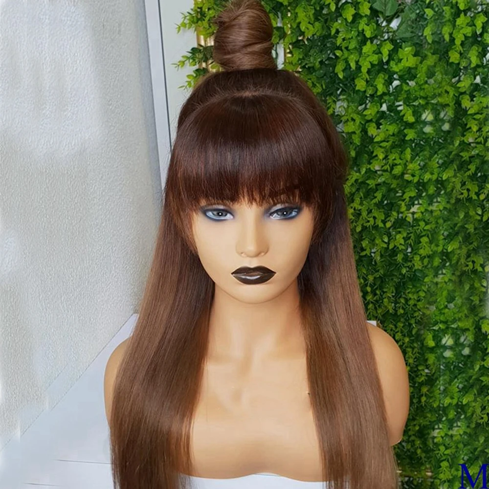 

Brazilian Straight Human Hair Ombre Brown Lace Front Wigs With Bangs Full Fringe Wig Preplucked Remy With Baby Hair For Women, Natural color lace wig