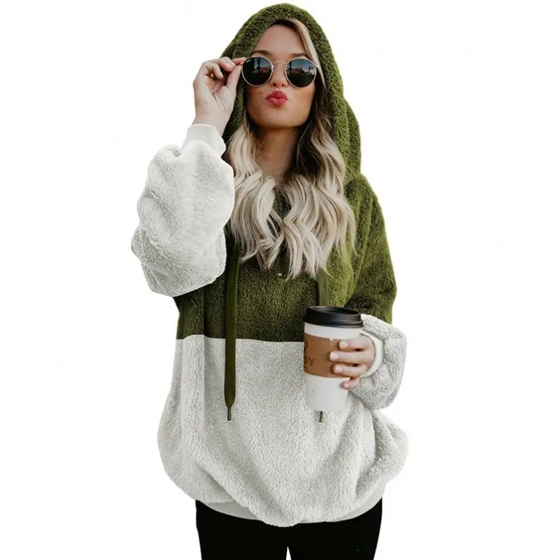 

2020 Hot Sale Custom Green White Color Block Furry Lounge Women' Hoodie, Green hoodie