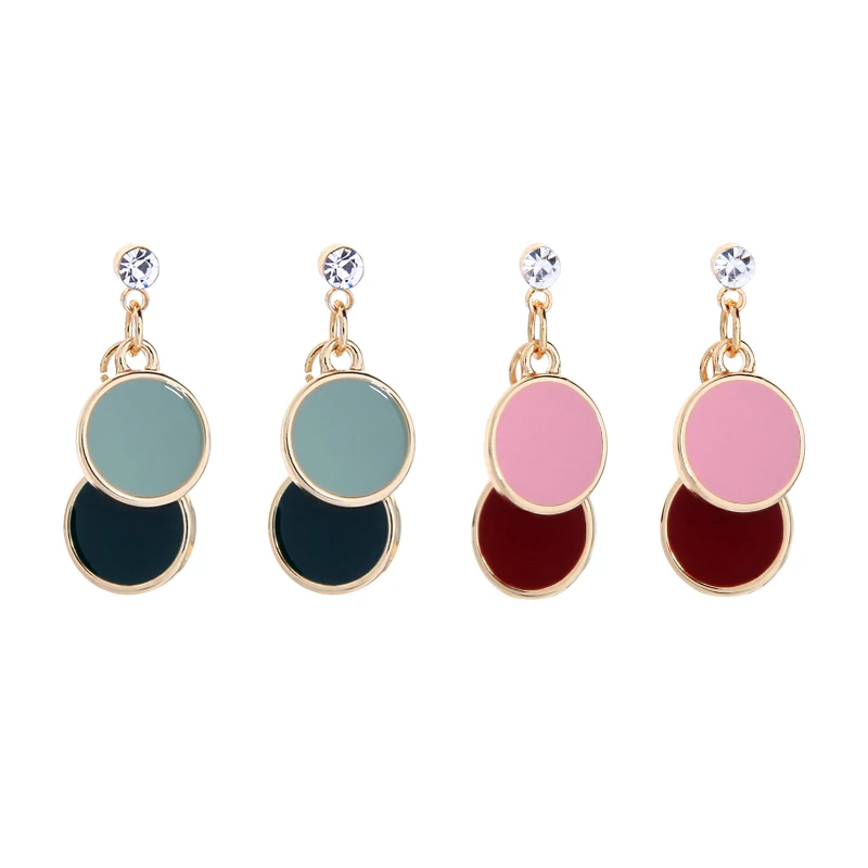 

de912224 New Pink Red Blue Enamel Double Round Dangle Crystal Fine Jewelry Girls Fashion Custom Korean Earrings 2020 Designs