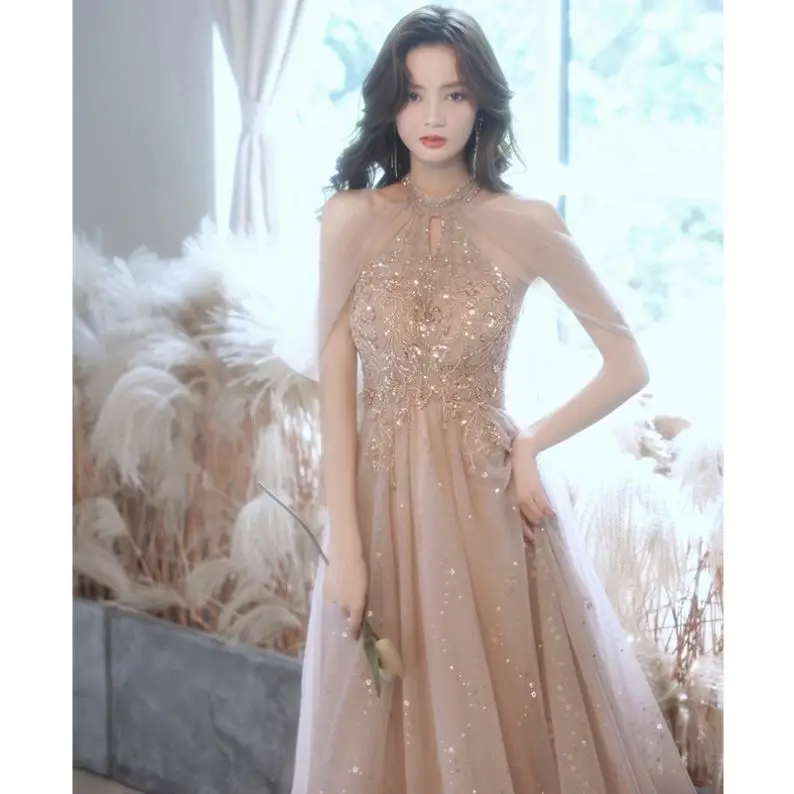 

2021 Spring New Champagne Fairy Bridesmaid Dress Banquet Temperament Host Long Elegant Dinner Evening Dress, Picture