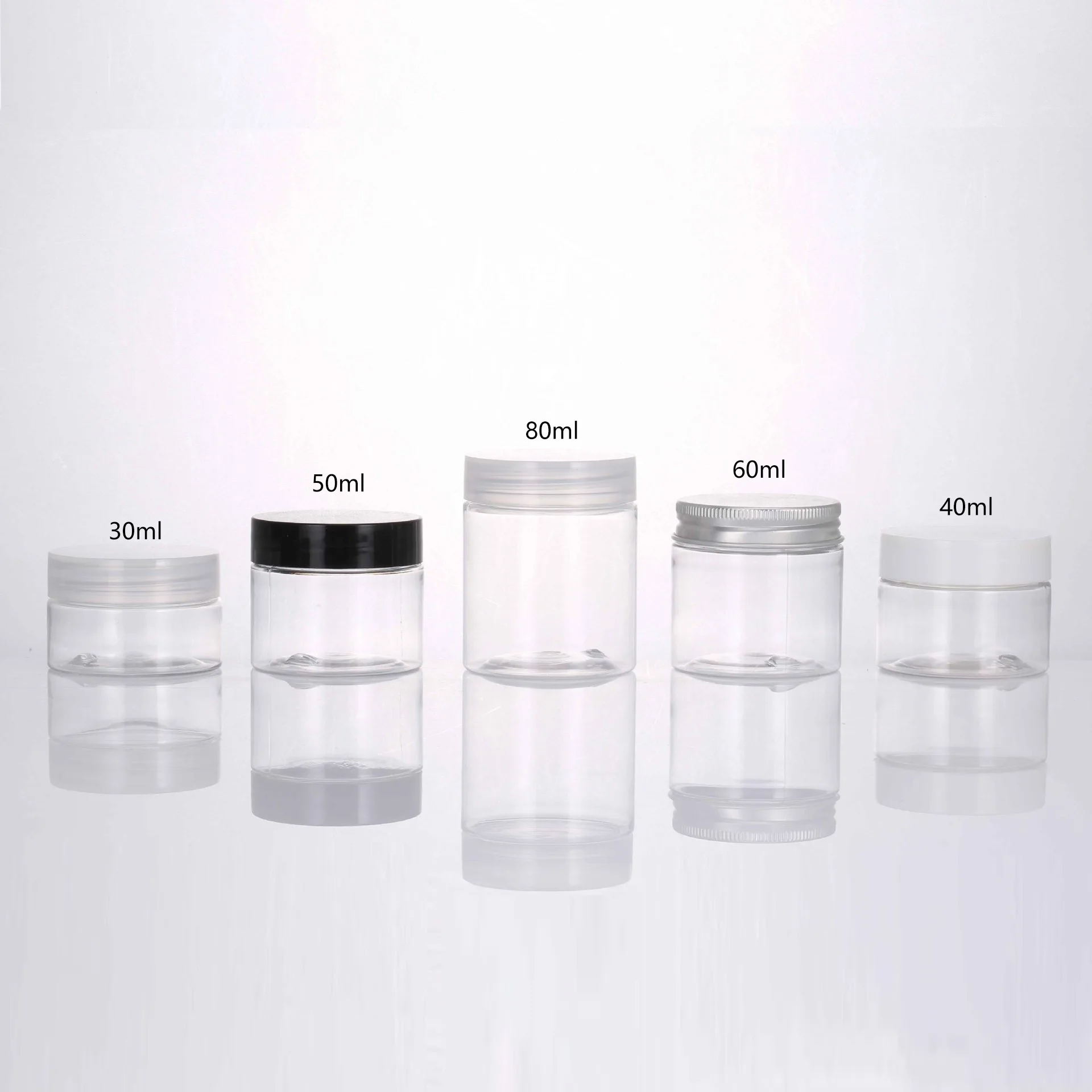 

Hot selling 30ml 60ml 80ml cosmetic packaging plastic face cream jars with white black or transparent lids