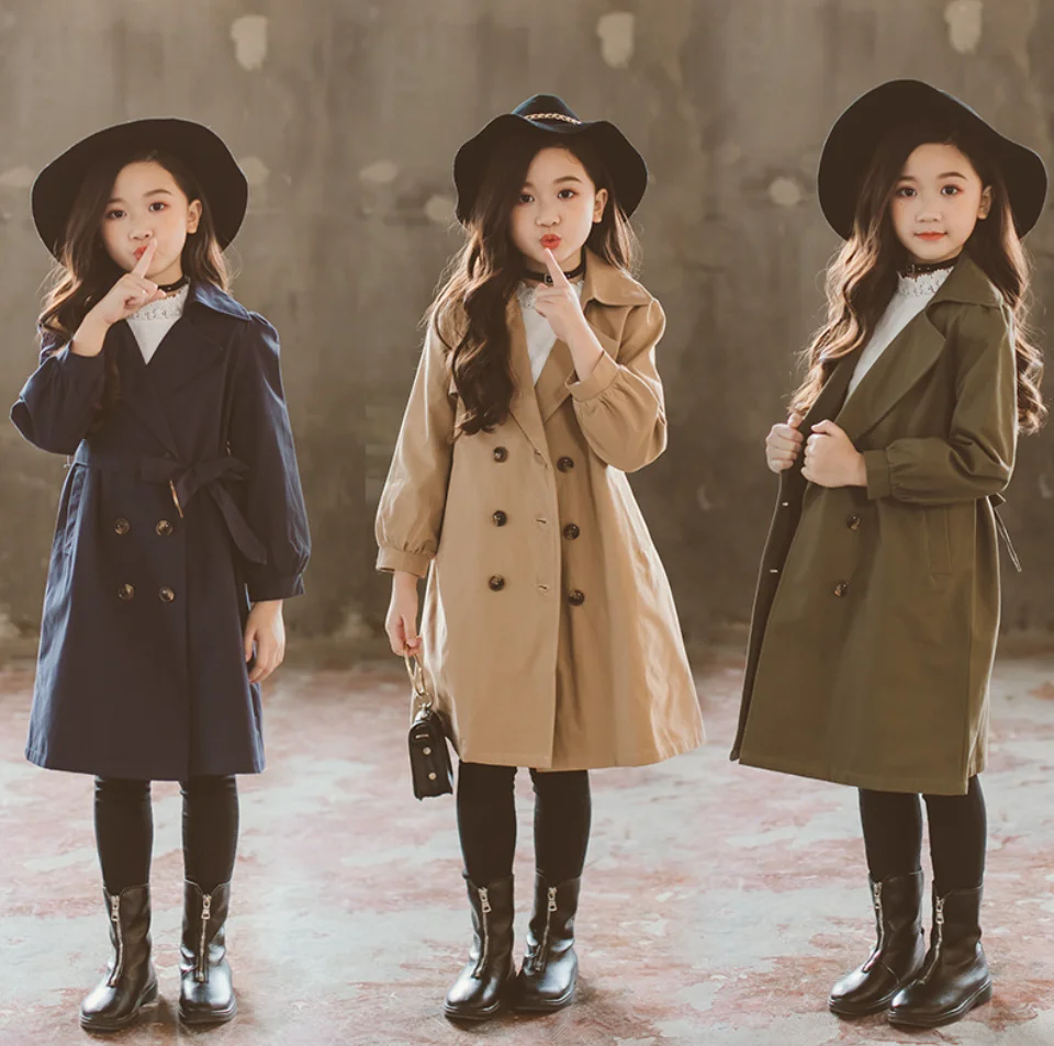 

Gril kids Korean style mother and children coat middle long fashion trench coat womens and children coats, Dark blue/apricot/dark green