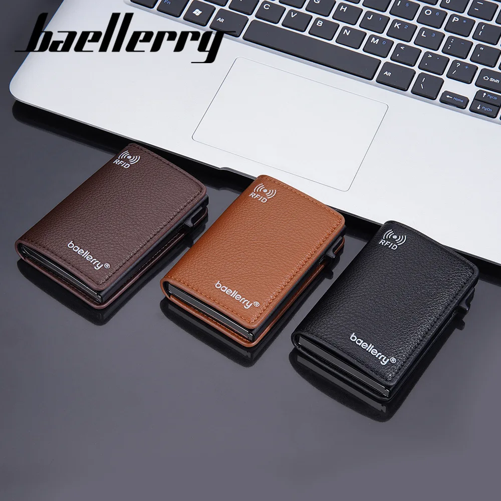 

baellerry pop up wallet pu leather side push RFID Blocking Protection Mens metal aluminum auto black personalized pop up wallet