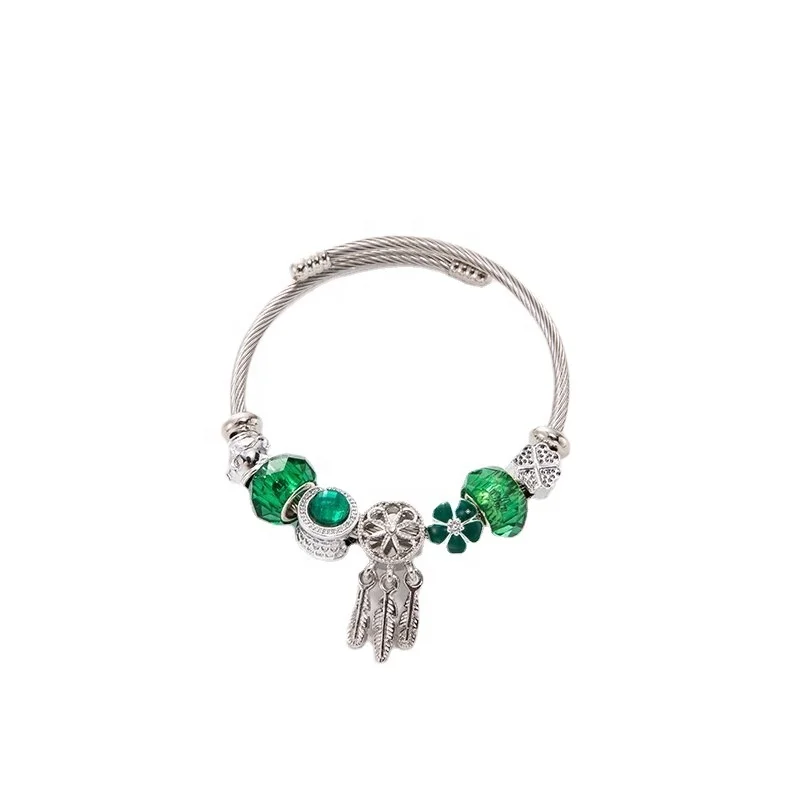 

Hot ladies fashion DIY crystal four-leaf clover beaded dream catcher stainless steel bracelet