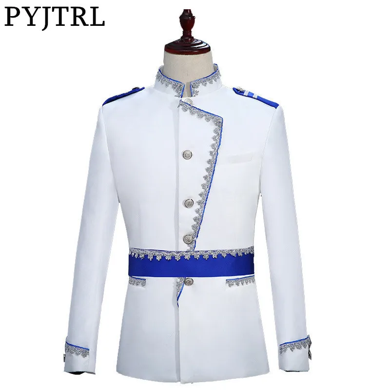

PYJTRL Military Style Court Prince Blazer Men Stage Wedding Groom Male Slim Fit Suit Jacket White Homme Costume Formal Coat