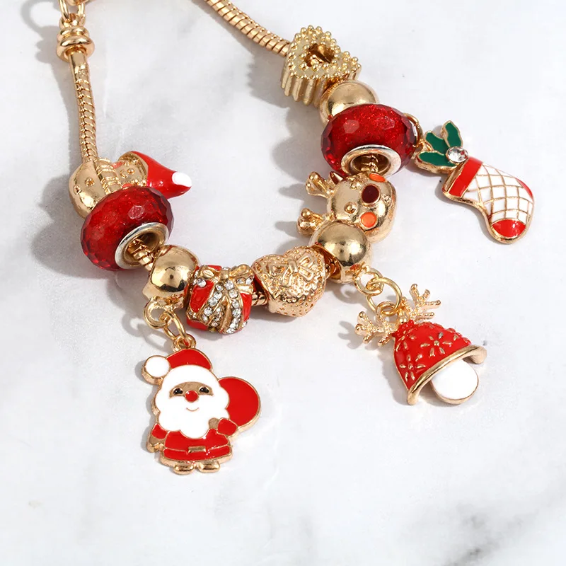 

European 18K Gold Plated Colorful Enamel Santa Claus Charm Bracelet Deer Christmas Tree Pendant Bracelets For Women Girl