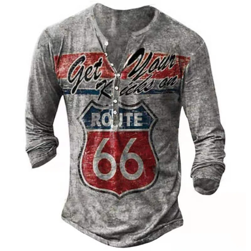 

Mens T-shirt Long Vintage Buttons Long Sleeve Summer New Fashion Highway 66 Letters Print T Shirts Men Camiseta Mujer