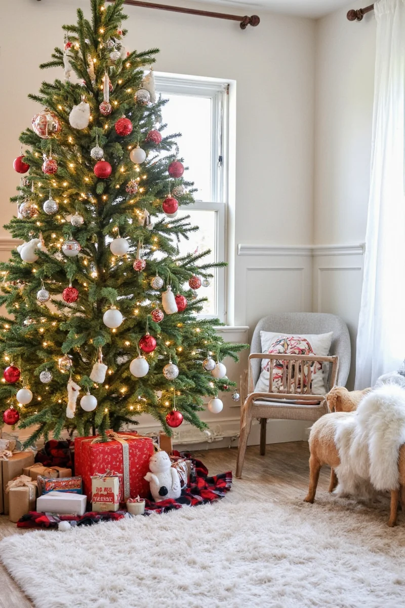 Side-by-side comparison of a classic green Christmas tree and an adorable animal-themed tree filled with plush decorations and pet-themed ornaments.