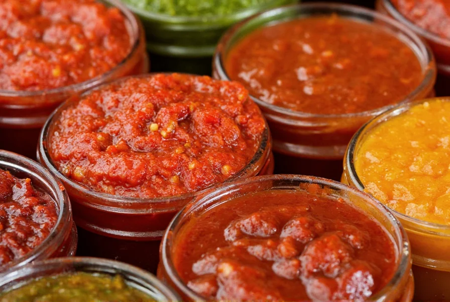 Close-up of various chili pepper pastes in jars showing different colors and textures