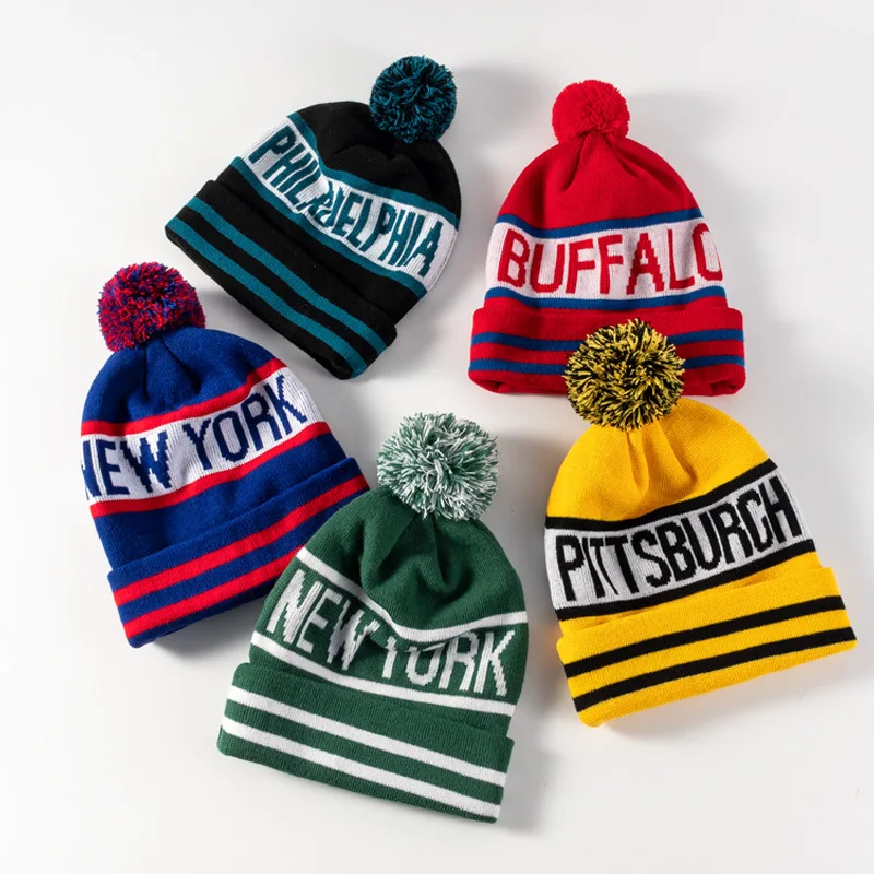 

Custom Beanie Acrylic Embroidery Logo Jacquard Letter Knitted Beanies Hat Custom Winter Hat With Pom Pom